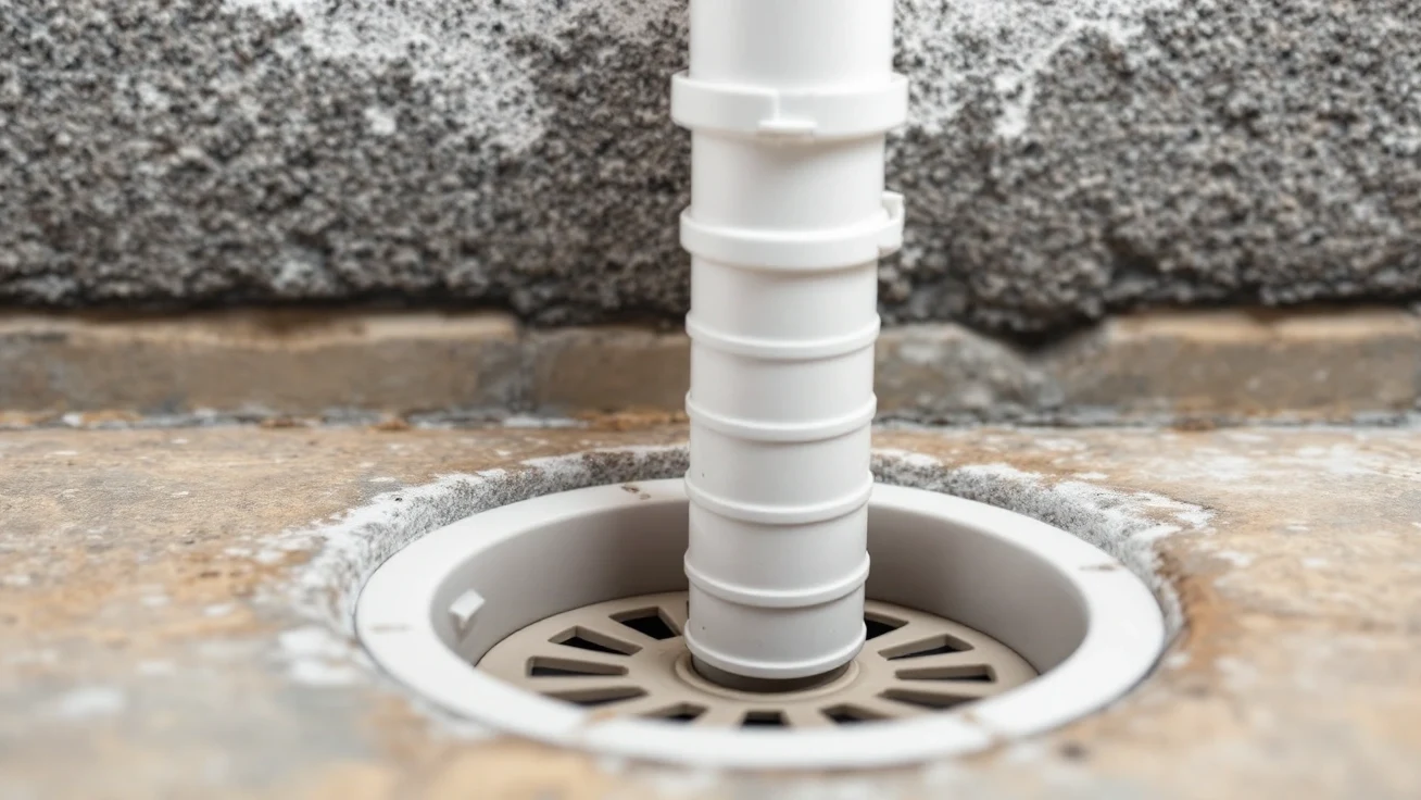 White plastic drain pipe running into a basement floor drain