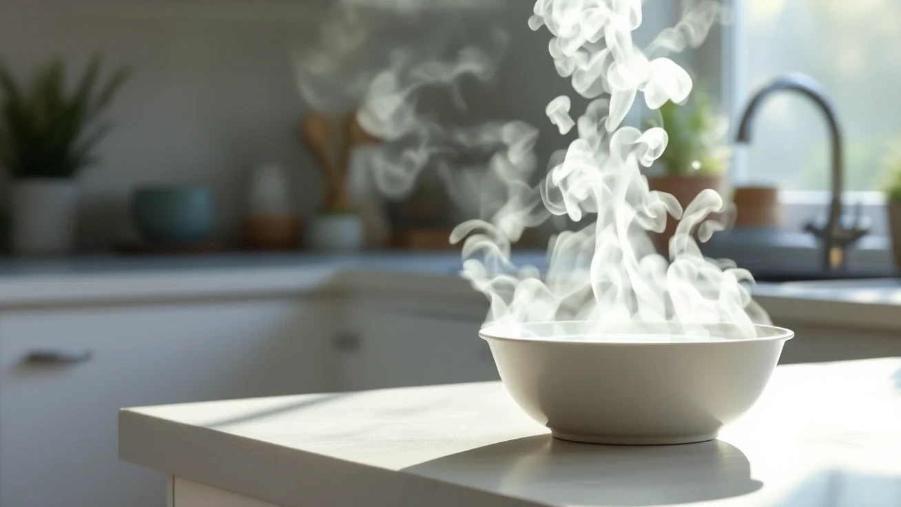 Steam rising from a bowl of hot water on a kitchen counter
