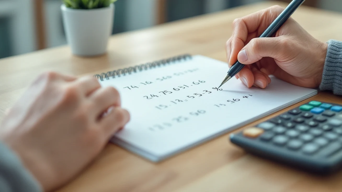 Hand writing cost figures on a notepad beside a calculator