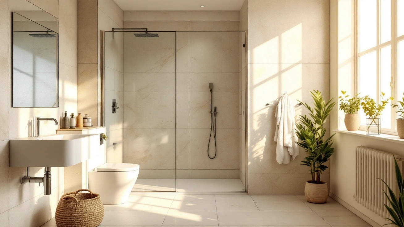 Sunlit bathroom with a shower enclosure and basin