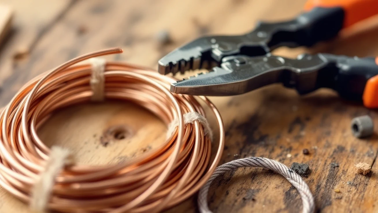 Coil of copper electrical wire and wire strippers on a workbench