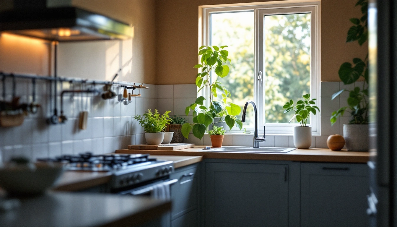 Kitchen sink beside a sunlit window