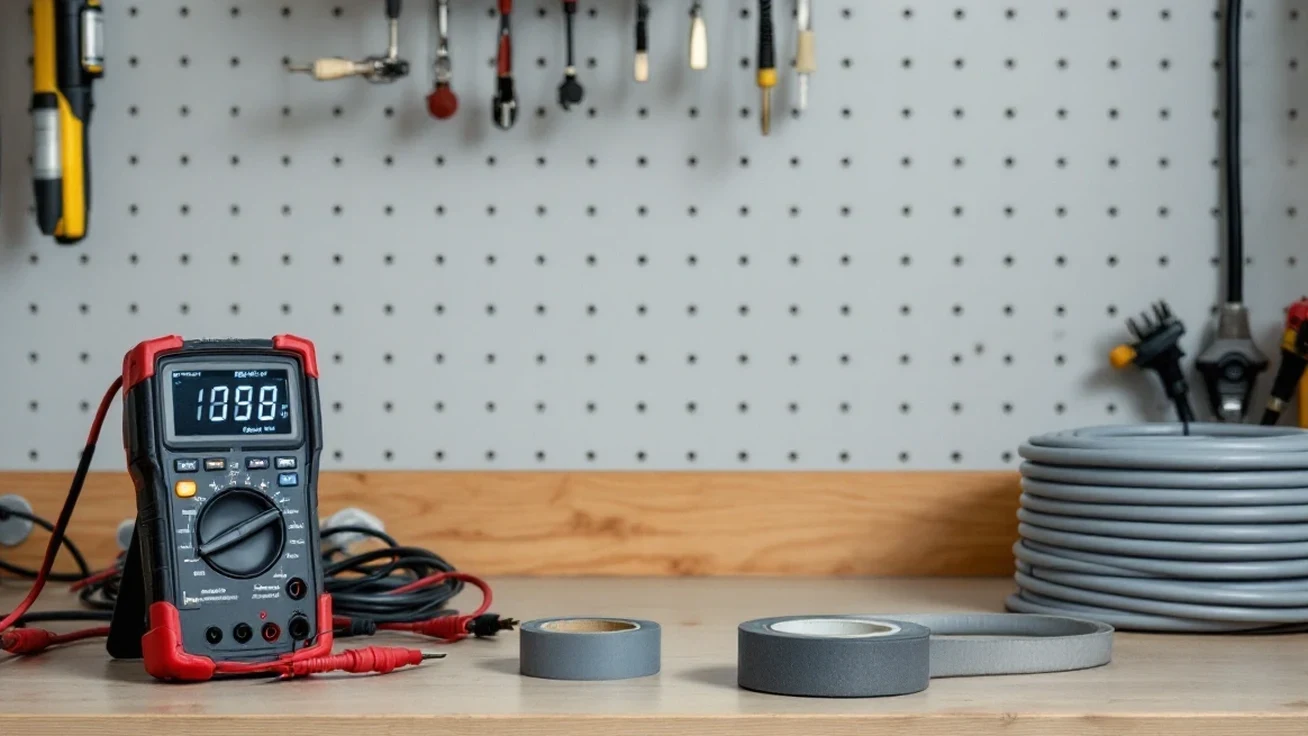 Multimeter, electrical tape and a coil of cable on a garage workbench