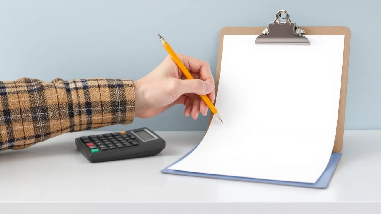 Hand with a pencil over a blank clipboard beside a calculator