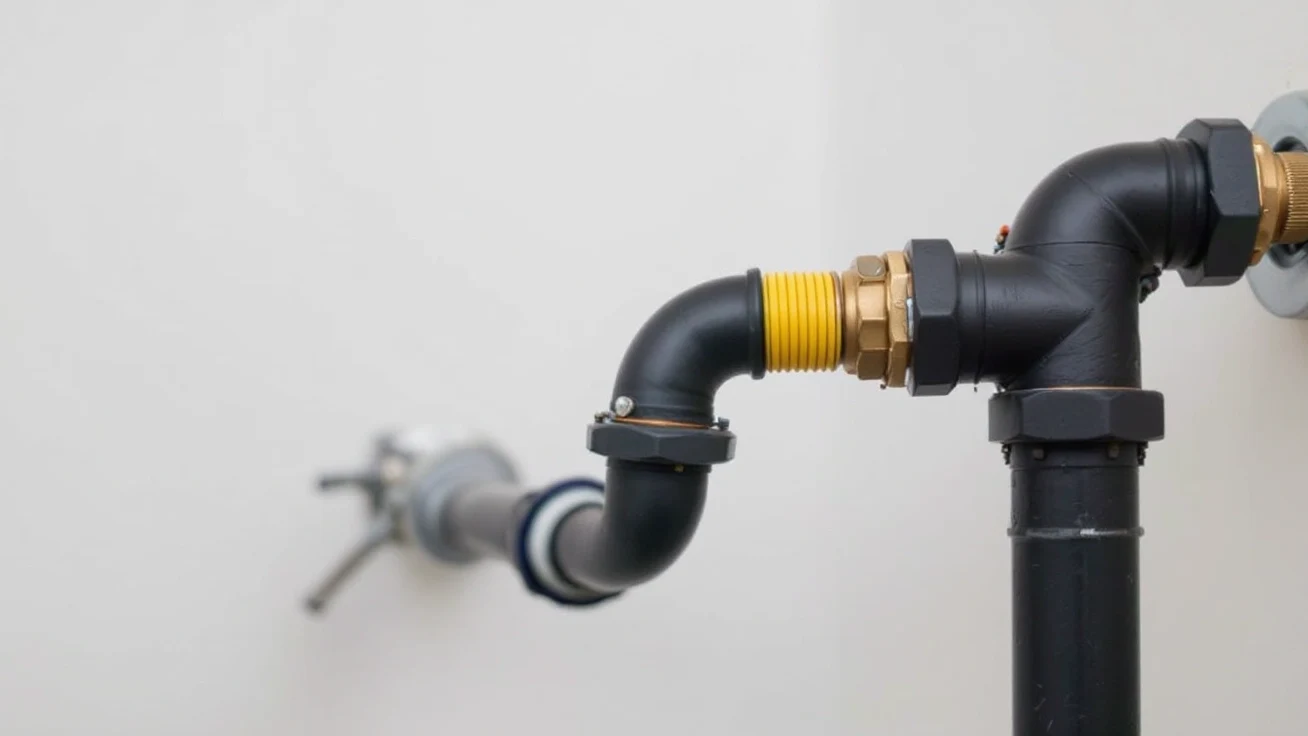 Black iron gas pipe with a flexible connector and brass shutoff valve