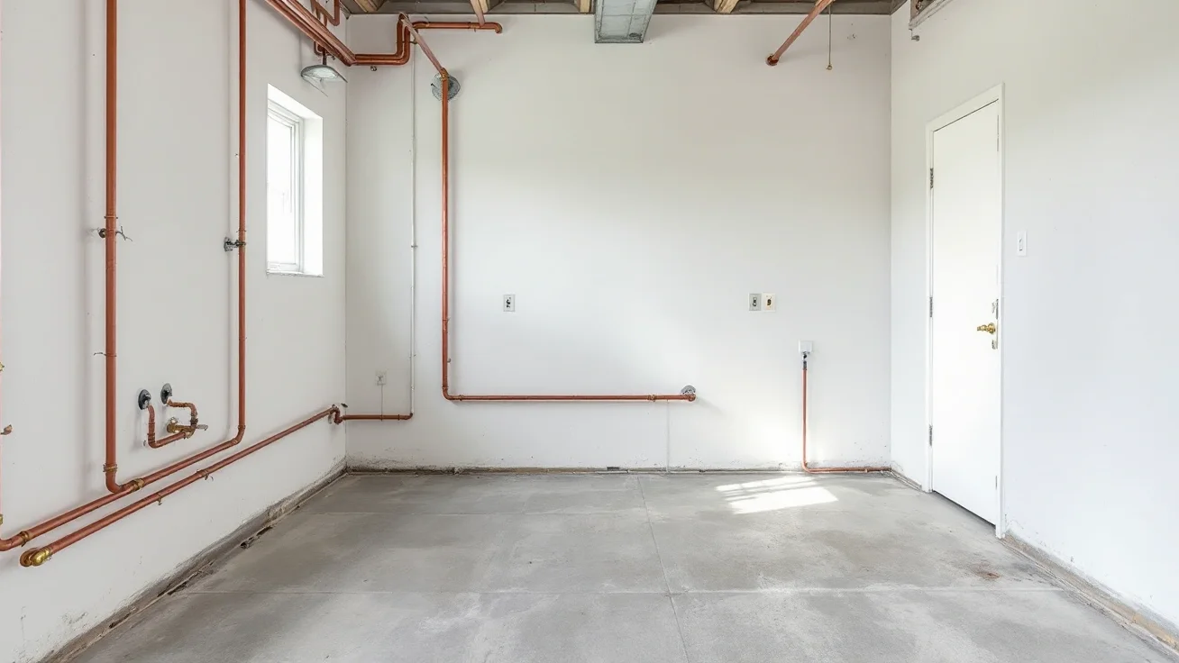 Basement utility room with copper water pipes along a white wall