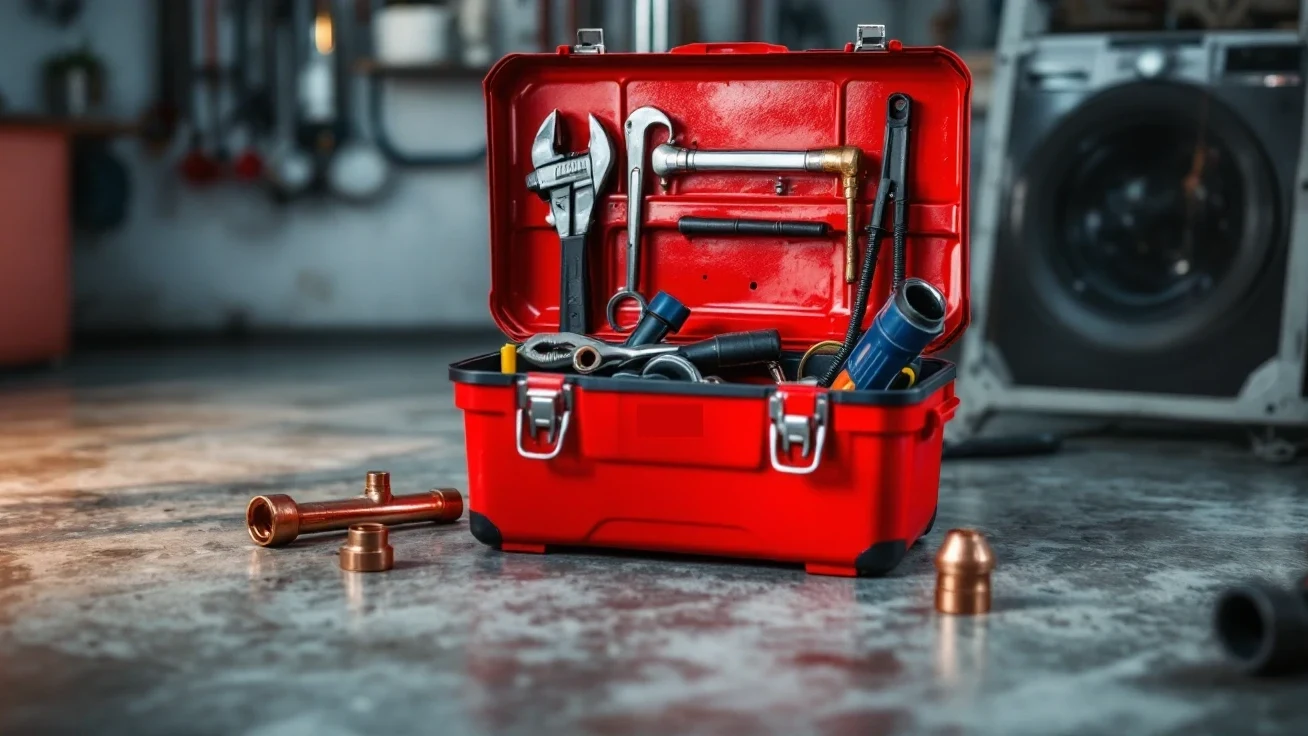 Open plumber's toolbox with wrenches and copper fittings on a utility floor