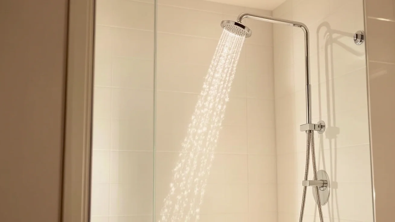 Rain shower head running in a white tiled walk-in shower