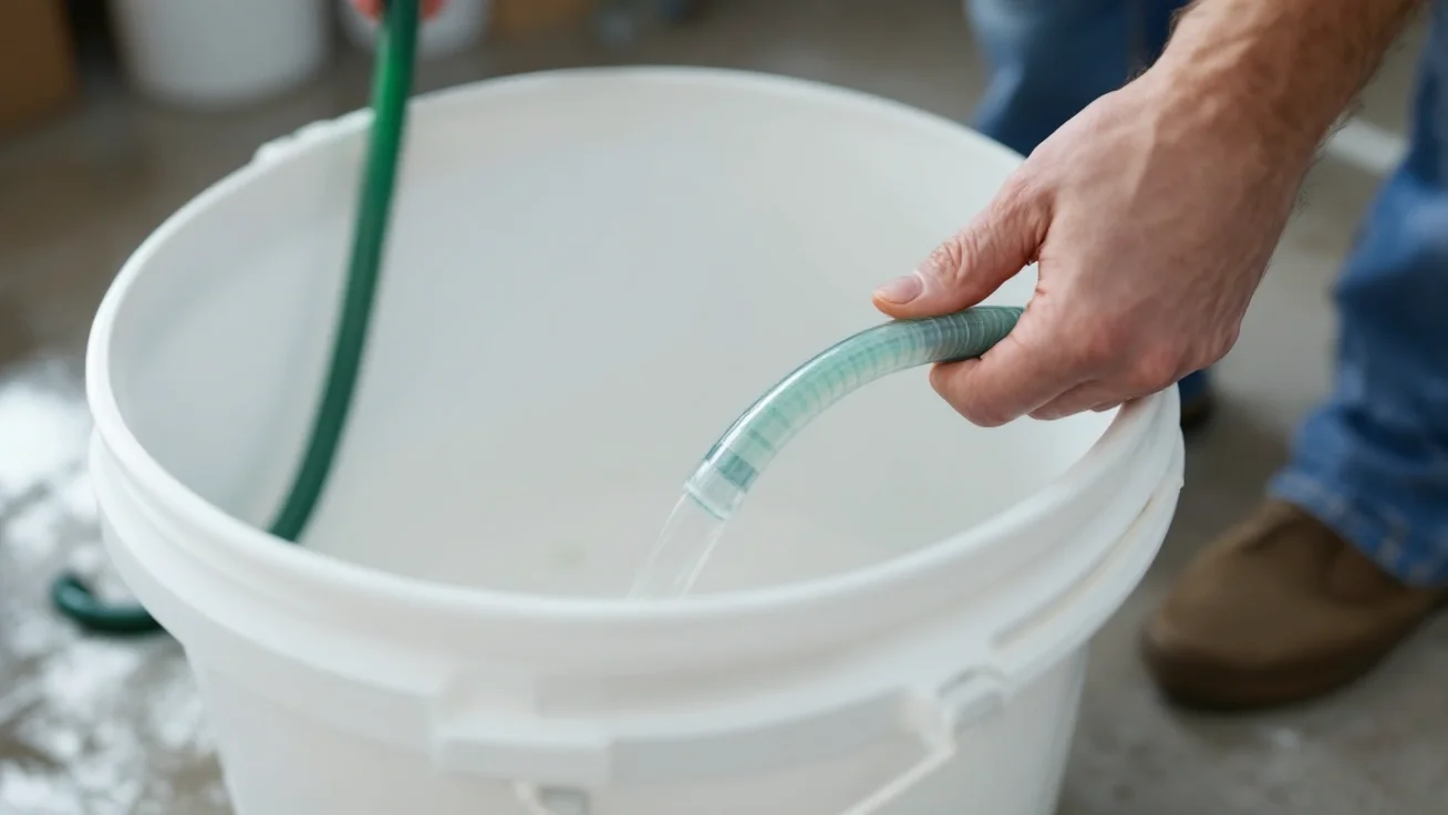 Hand holding a drain hose over a white bucket on a utility room floor