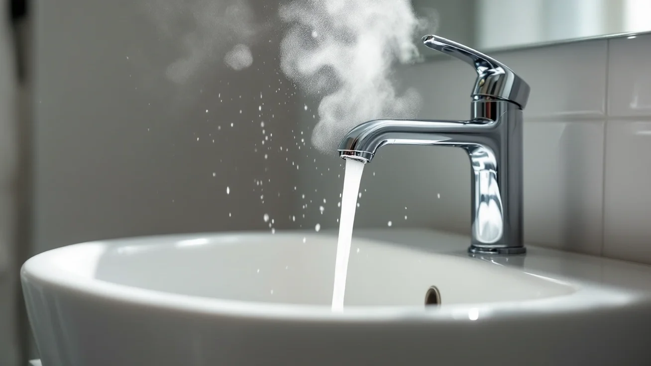 Hot water running from a chrome faucet into a white sink