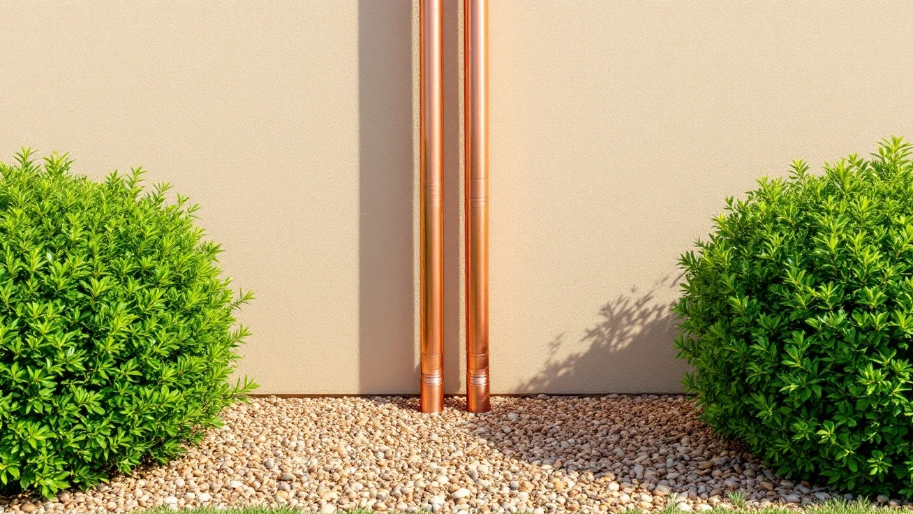 Two copper pipes entering the side wall of a house between shrubs