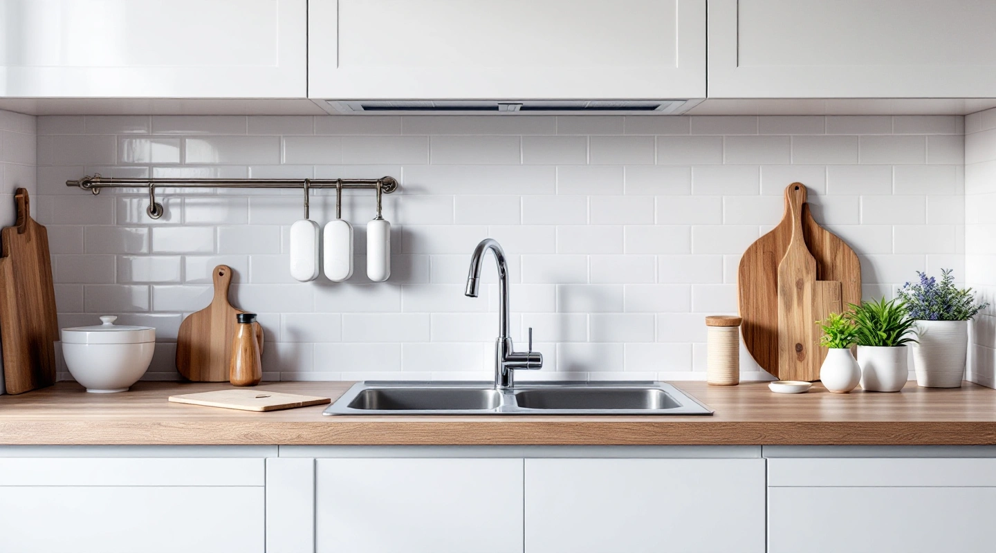 Kitchen sink with closed white cabinets