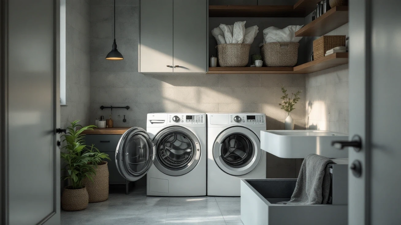 Bright laundry with folded towels and an empty wall