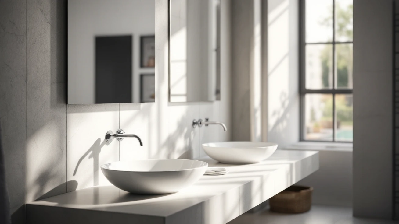 Bathroom with a glass shower and pale tile