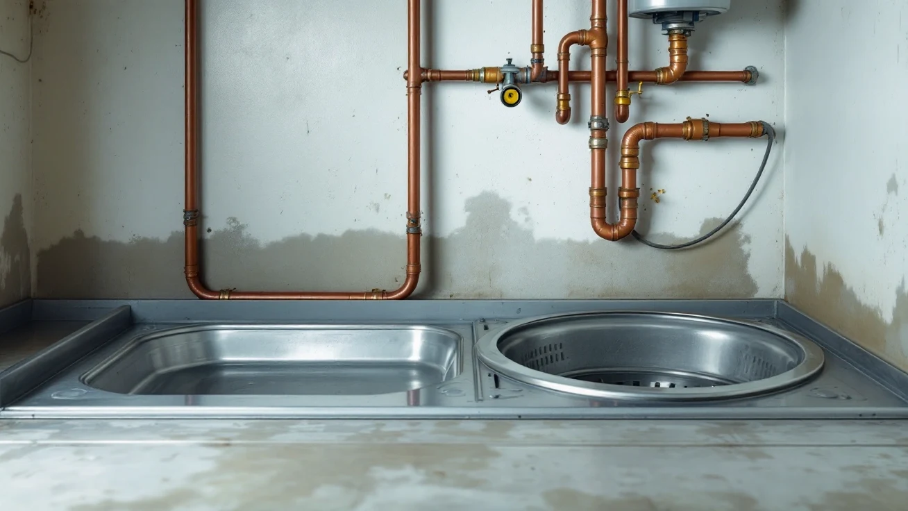 Empty utility closet with copper water lines and a metal drain pan