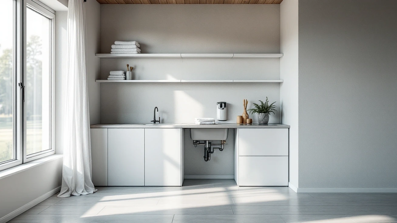 Sunlit laundry room with a sink, folded towels and open wall space
