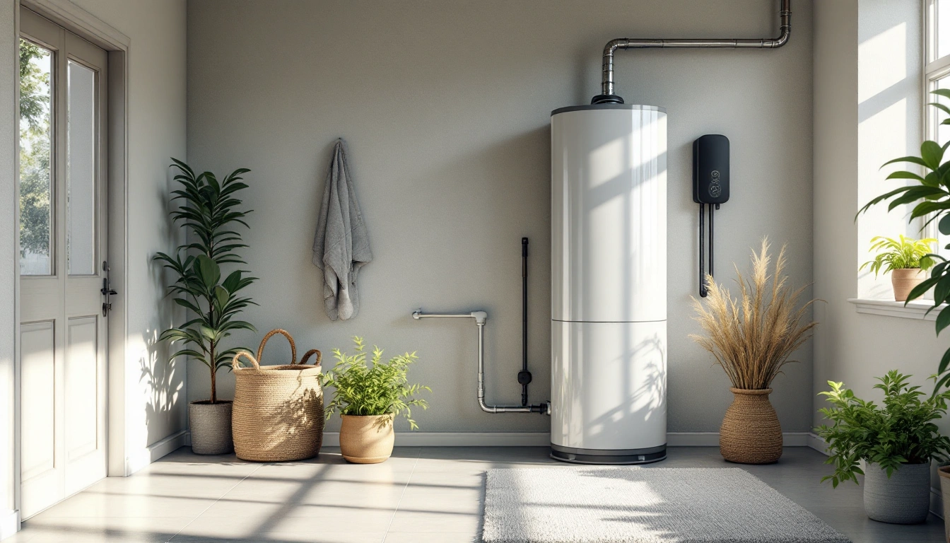 A residential storage water heater in a clean utility room