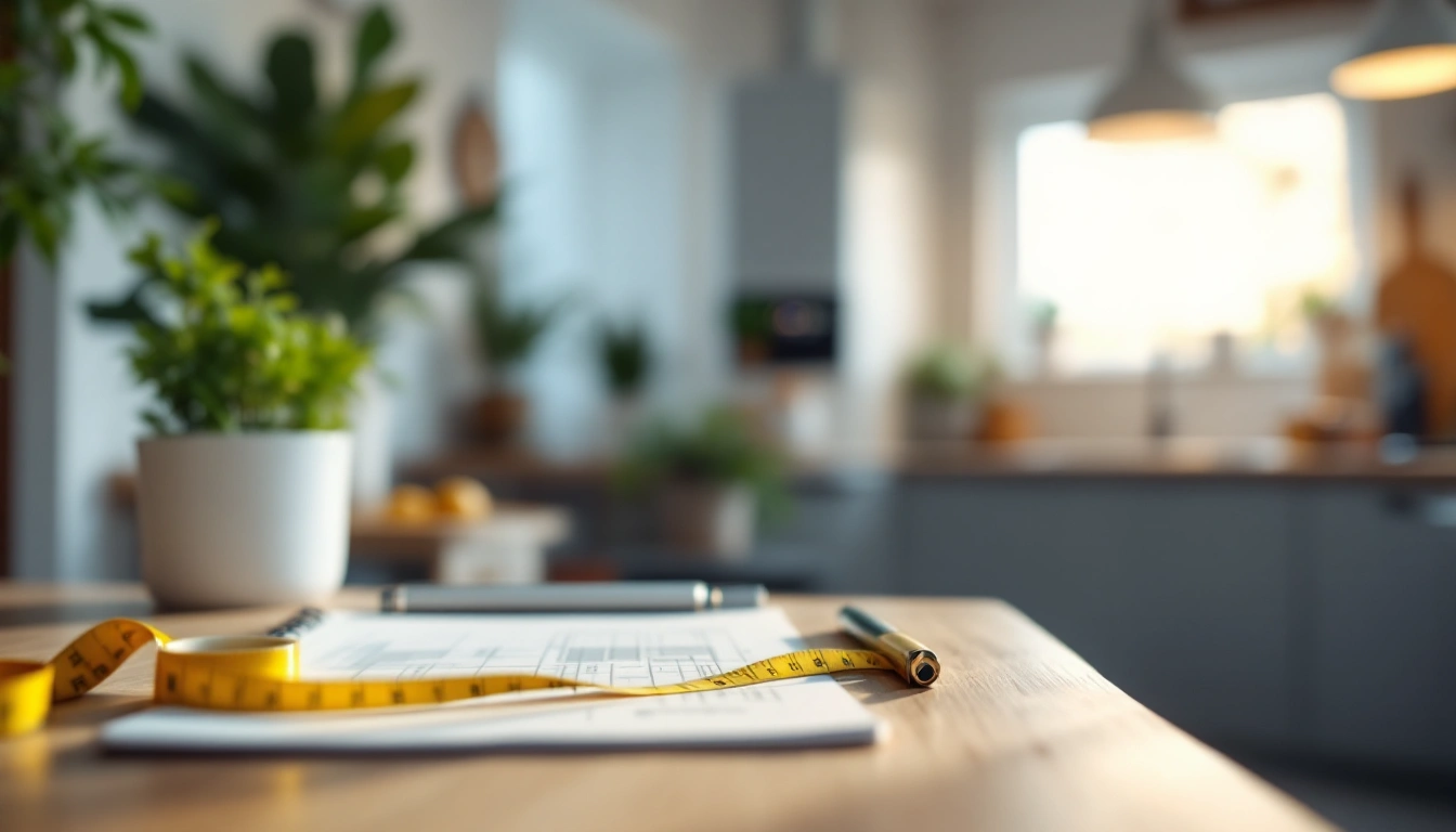 Measuring tape and paper on a kitchen table
