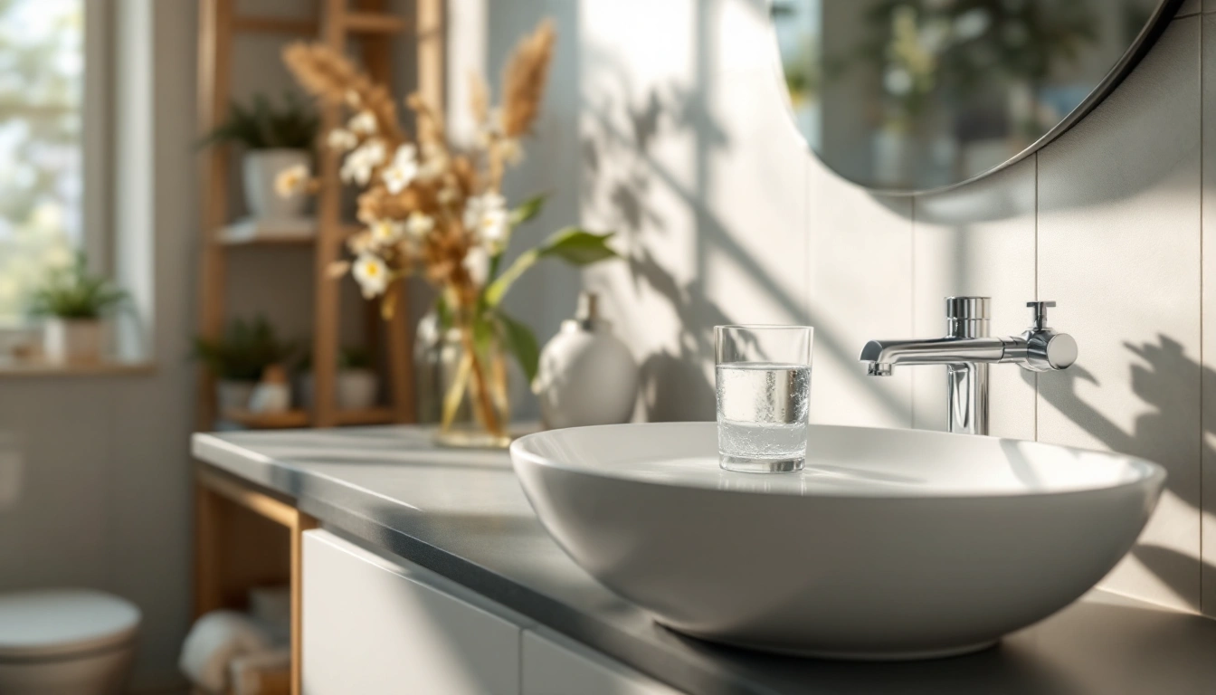 Bathroom basin and tap on a bright counter