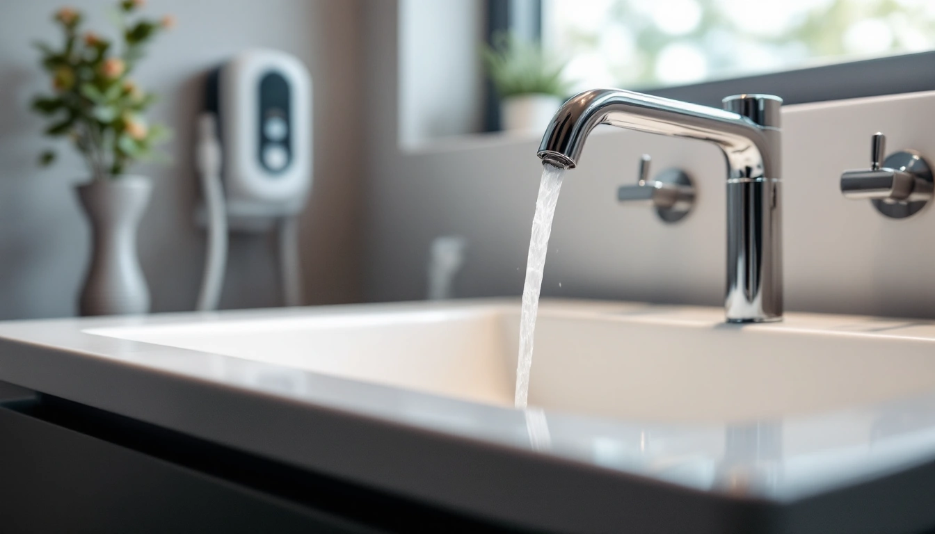 Kitchen tap with a small white wall controller