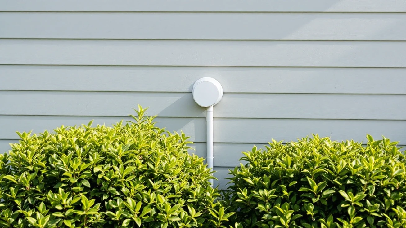 Round white vent pipe coming out of grey house siding above shrubs