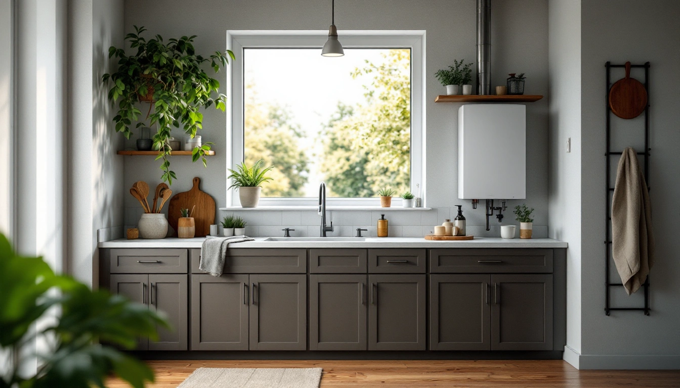 Kitchen sink and closed wall cabinet beside a window